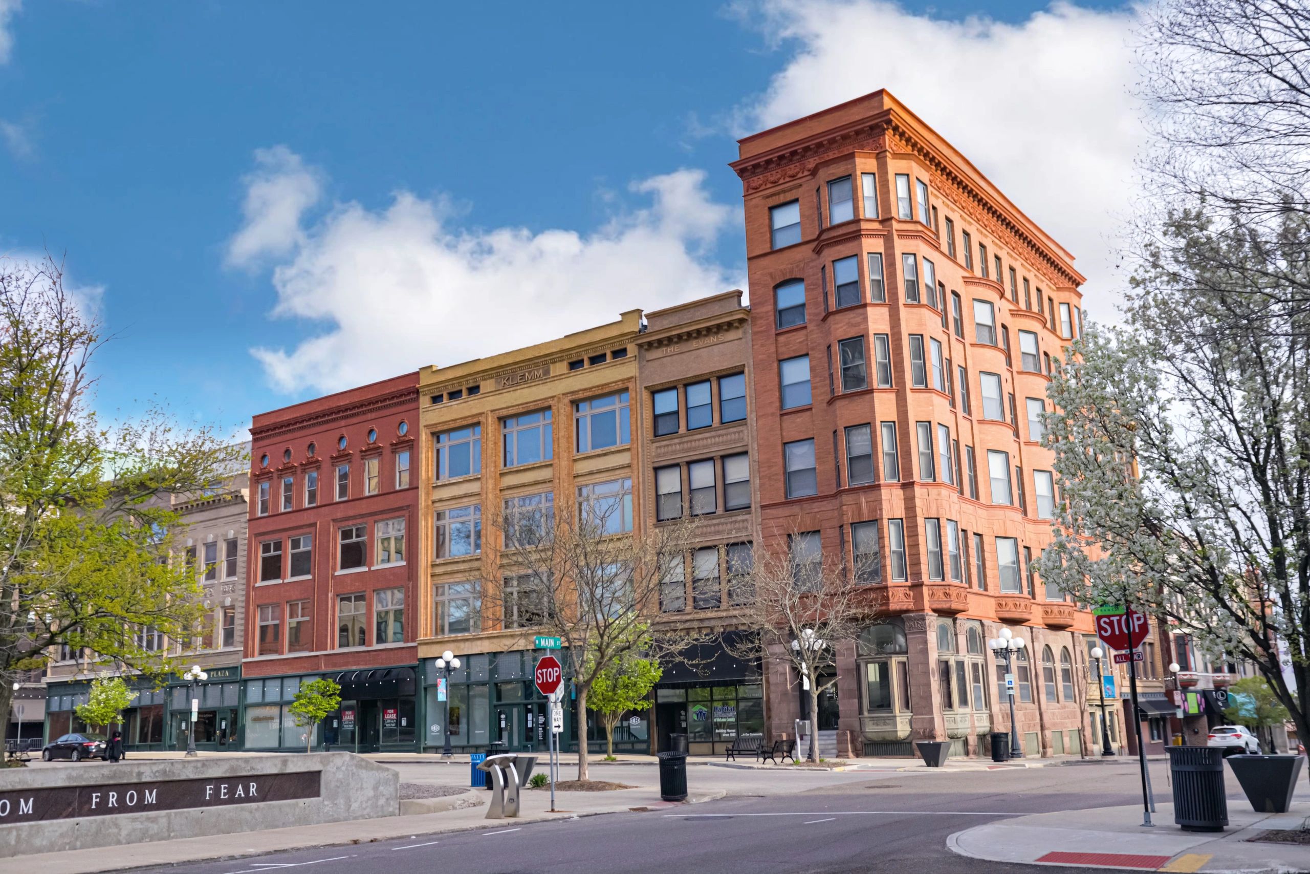 Commercial building exterior with signage